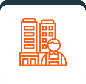 Worker icon in front of buildings.