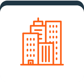 Orange city buildings icon on white background.