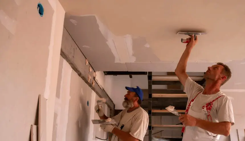 Two workers plastering a ceiling together.